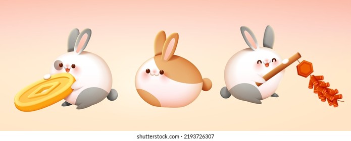 Cute fluffy fat rabbits isolated on beige background. Suitable for year of the rabbit Chinese zodiac sign decoration.