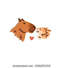 Cute fluffy friends: capibara and cat. Adorable muzzles of capybara, kitty with sign of heart. Heads of amusing animals, rodent. Flat isolated hand drawn vector illustration on white background