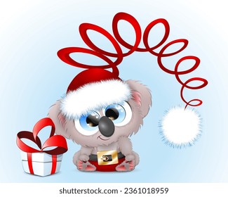 Cute fluffy funny cartoon Christmas Koala with gift box and funny Santa hat.