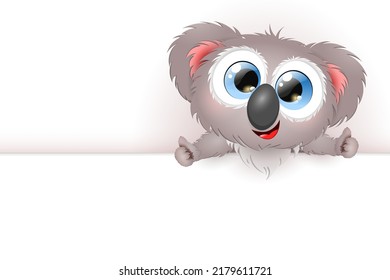 Cute fluffy funny cartoon Koala with like thumbs behind white copy space board
