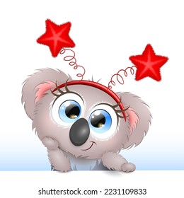 Cute fluffy funny cartoon little Koala girl with red stars on headband. Isolated.