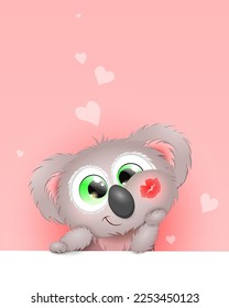 Cute fluffy funny cartoon little Koala boy with red lipstick kiss on his cheek. Valentine's day concept