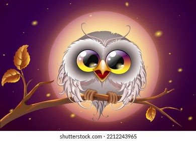 Cute fluffy funny cartoon Owl sitting on tree branch on the full moon night background.