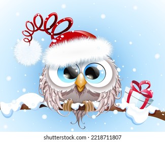 Cute fluffy funny cartoon Owl in Santa hat sitting on tree branch under snowfall with Christmas gift box