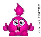 Cute fluffy funny cartoon pink smiling monster with like thumbs and tongue out