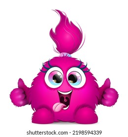 Cute fluffy funny cartoon pink smiling monster with like thumbs and tongue out