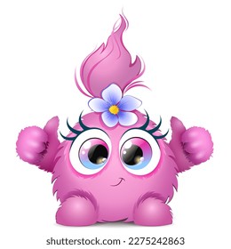 Cute fluffy funny cartoon pink smiling monster with like thumbs and blue flower