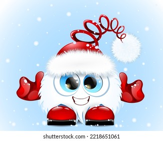 Cute fluffy funny cartoon white Santa in Santa hat and like thumbs red mittens