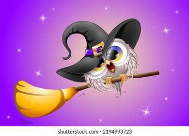 Cute fluffy funny cartoon witch Owl flying on broomstick