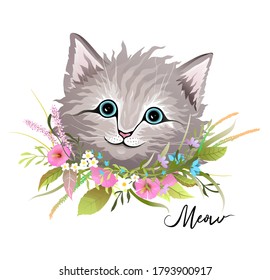 Cute fluffy furry kitten with flowers wreath around neck, cat paws, floral compositions and head portrait separately. Designer kitty clipart collection, realistic hand drawn vector in watercolor style