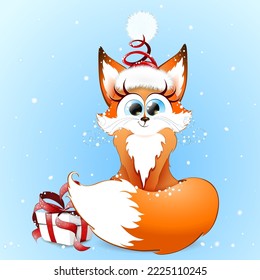 Cute fluffy ginger cartoon fox girl sitting under snowfall in Santa hat and with Christmas gift box. 