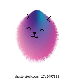 Cute fluffy gradient cat character, colorful furry abstract kawaii pet illustration, pink purple blue neon furball mascot on white background
