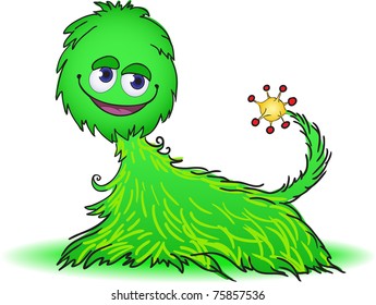 cute fluffy green creature  and yellow tail