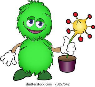 cute fluffy green creature with a yellow plant in a pot