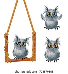 Cute fluffy grey owl sits on a swinging perch isolated on white background. Sketch for a poster or celebration card for the holiday of all evil spirits Halloween. Vector cartoon close-up illustration.