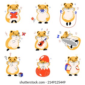 Cute fluffy hamster. Funny little rodent, cartoon happy kids character, different poses, actions and emotions, comic mascot, pet read book, play guitar and walking vector cartoon set