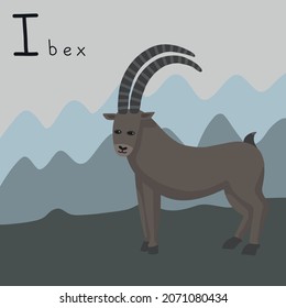 Cute fluffy ibex auf einem Hintergrund von Bergen. Buchstabe I aus dem Alphabet. Kleine Tiergrafik.