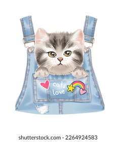 cute fluffy kitten in oveal denim chest pocket vector illustration