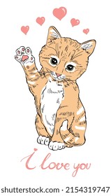 A cute and fluffy kitten sits and waves a paw with the text I love you