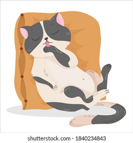 Cute And Fluffy Kitten Sitting On A Pillow, Pet, Spotted Plump Cat Licking Paw, Vector Illustration Isolated On A White Background