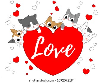 Cute fluffy kittens with a heart congratulate you on the holiday. Bright card for Valentine's Day with cats and hearts. Vector illustration