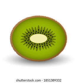 Cute fluffy kiwi isolated on white background. Half a kiwi fruit in cartoon style in bright colors. Vector illustration.