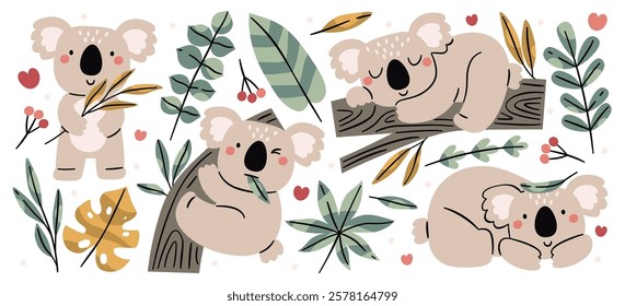 Cute fluffy koala baby animal cartoon characters holding eucalyptus leaves, crawling or sleeping on branch, resting childish set. Adorable happy jungle furry bear kawaii mascot vector illustration