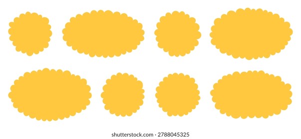 Cute fluffy label set with cloudy circle, oval frames. Yellow bubble smoke borders, rounded badge banners. Simple text box shapes.