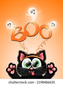 Cute Fluffy Little Black Cartoon Cat With Ghosts And Orange BOO Headband.