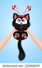 Cute fluffy little black cartoon Kitten in the human hands with little gift boxes. Birthday, Christmas, gift, family, adopt concept.