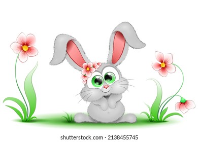 Cute fluffy little cartoon grey Bunny with flowers on the head and sitting near flowers on the grass.