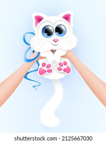 Cute fluffy little cartoon Kitten with bow in the human hands. Birthday gift, family concept.