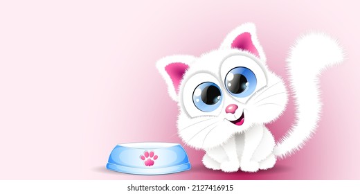 Cute Fluffy Little Cartoon Kitten Sits Near Empty Pet Bowl. 