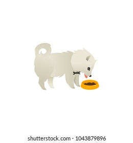 Cute fluffy little dog eating from bowl, side view portrait, flat cartoon vector illustration isolated on white background. White fluffy dog, puppy character eating food from a bowl