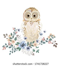 Cute fluffy little owl on a white background with beautiful flowers delicate twigs and berries