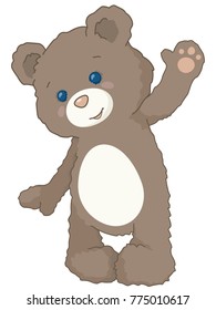 Cute Fluffy Little Teddy Bear Standing Waving Vintage Style Illustration
