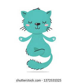 Cute fluffy little turquoise cat. Kawaii kitten is calm, meditates and levitates. A cozy home calm. Flat hand drawn illustration kid's poster. Cartoon animal character set. Child theme.