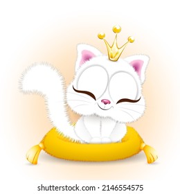 Cute fluffy little white cartoon Kitten sits on the yellow pillow. 