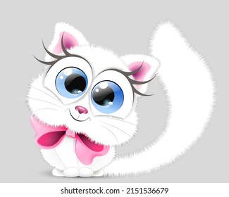 Cute fluffy little white cartoon girl Kitten with pink bow. 