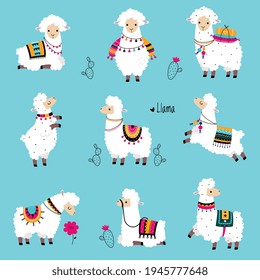 Cute Fluffy Llama or Alpaca Camelid Pack Animal Vector Set