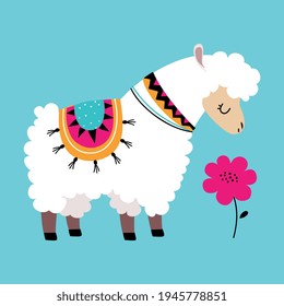 Cute Fluffy Llama or Alpaca as Camelid Pack Animal Smelling Flower Vector Illustration