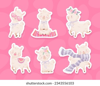 Cute Fluffy Llama or Alpaca Character Vector Sticker Set