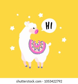 Cute fluffy llama alpaca say hello. Cartoon lama character vector illustration. Funny animal print card.