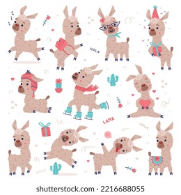 Cute fluffy llama in different poses set. Funny alpaca animal characters cartoon vector illustration