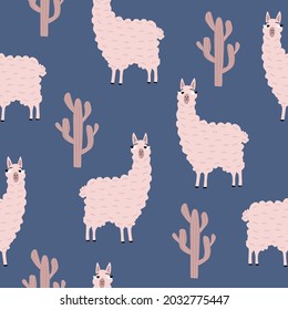 Cute fluffy llama with funny eyes and pink cactus. Peruvian cartoon guanaco on blue background hand drawn vector illustration. Adorable animal character. Alpaca and cacti seamless pattern.