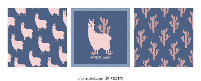 Cute fluffy llama with funny eyes and cactus."No probllama" hand drawn vector illustration. Pink Peruvian alpaca adorable animal character. Set of seamless pattern for children.