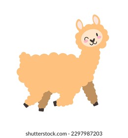 Cute fluffy llama isolated on a white background. Hand drawn alpaca flat vector illustration. Nursery decoration. Stock vector illustration isolated on white background. EPS