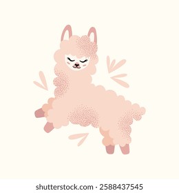 Cute fluffy llamas and alpacas with flowers isolated on a white background. Mother lama and her baby. Animal and nature-themed concept design. Vector illustration