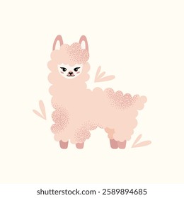 Cute fluffy llamas and alpacas with flowers isolated on a white background. Mother lama and her baby. Animal and nature-themed concept design. Vector illustration