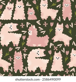 Cute fluffy llamas and alpacas seamless pattern with flowers isolated on a dark background. Mother lama and her baby. Animal and nature-themed concept design. Vector illustration